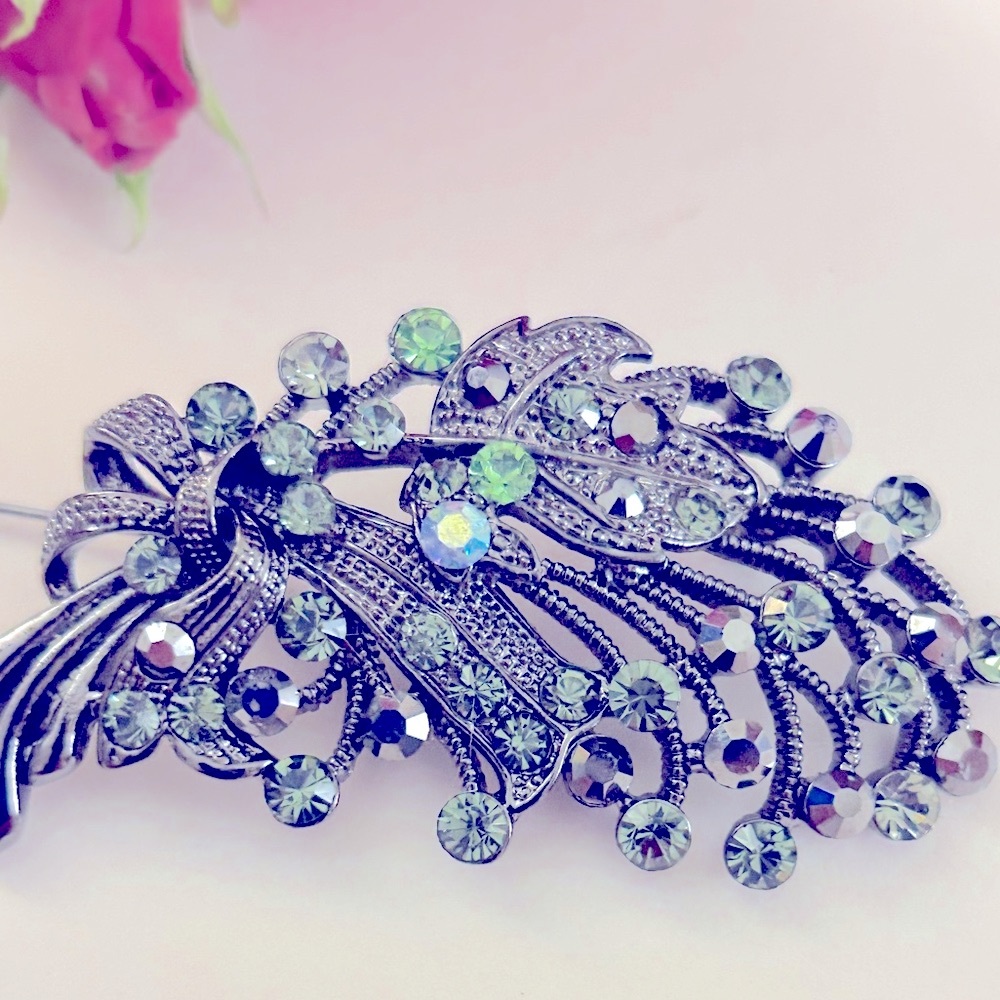 Brooch Bouquet of Aqua, Blue, Silver Crystals on gunmetal Silvertone Metal 2.5”